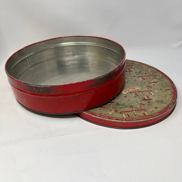 Vintage 30s Huylers Christmas Candy Tin Round Metal Primitive Cottage Farmhouse - Picture 14 of 15